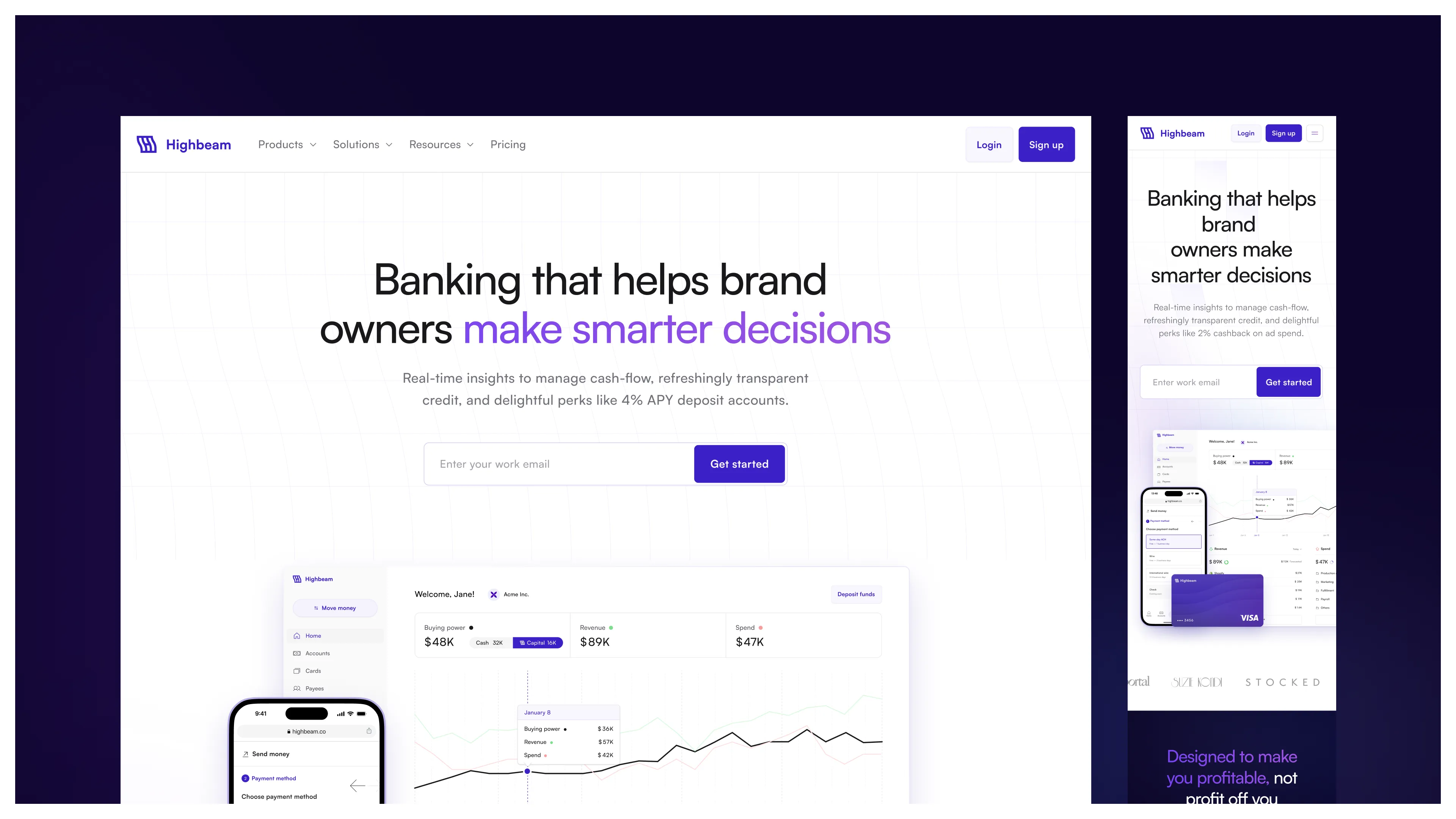 Highbeam homepage screenshot about banking tools for brand operators.