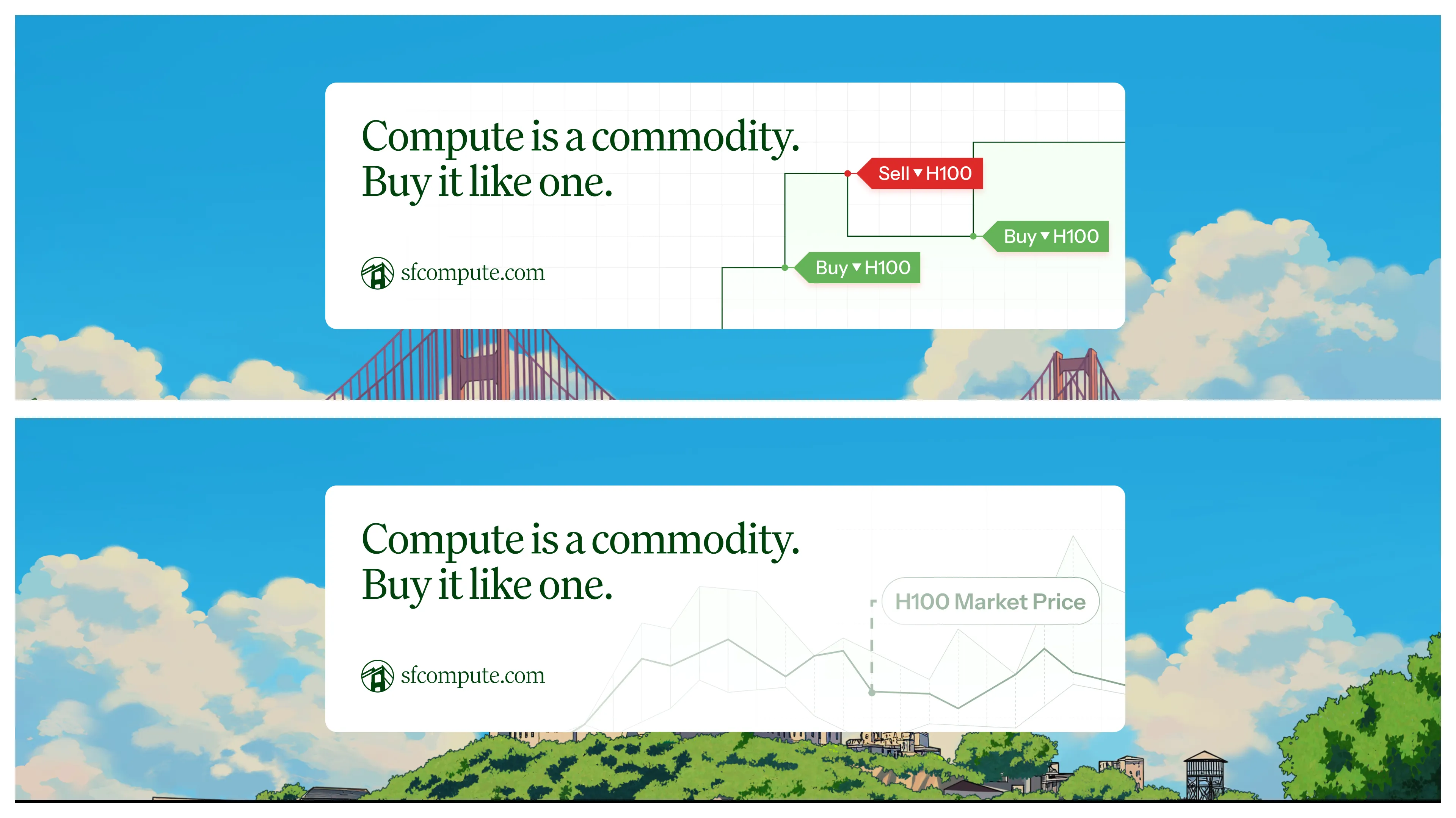 San Francisco Compute slide framing compute as a commodity with buy and sell actions.