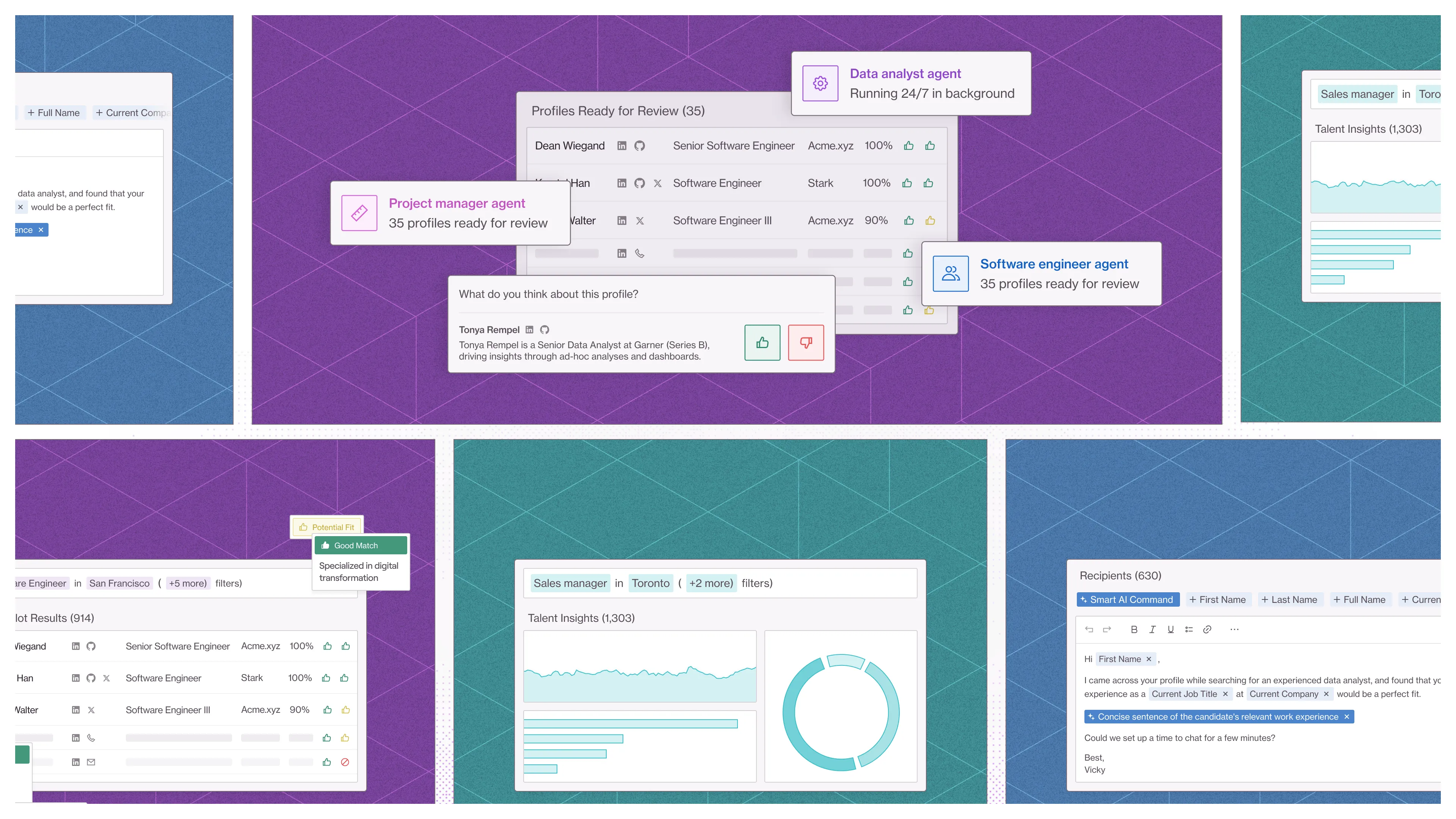 Juicebox AI agent slide with talent insights and profile fields.