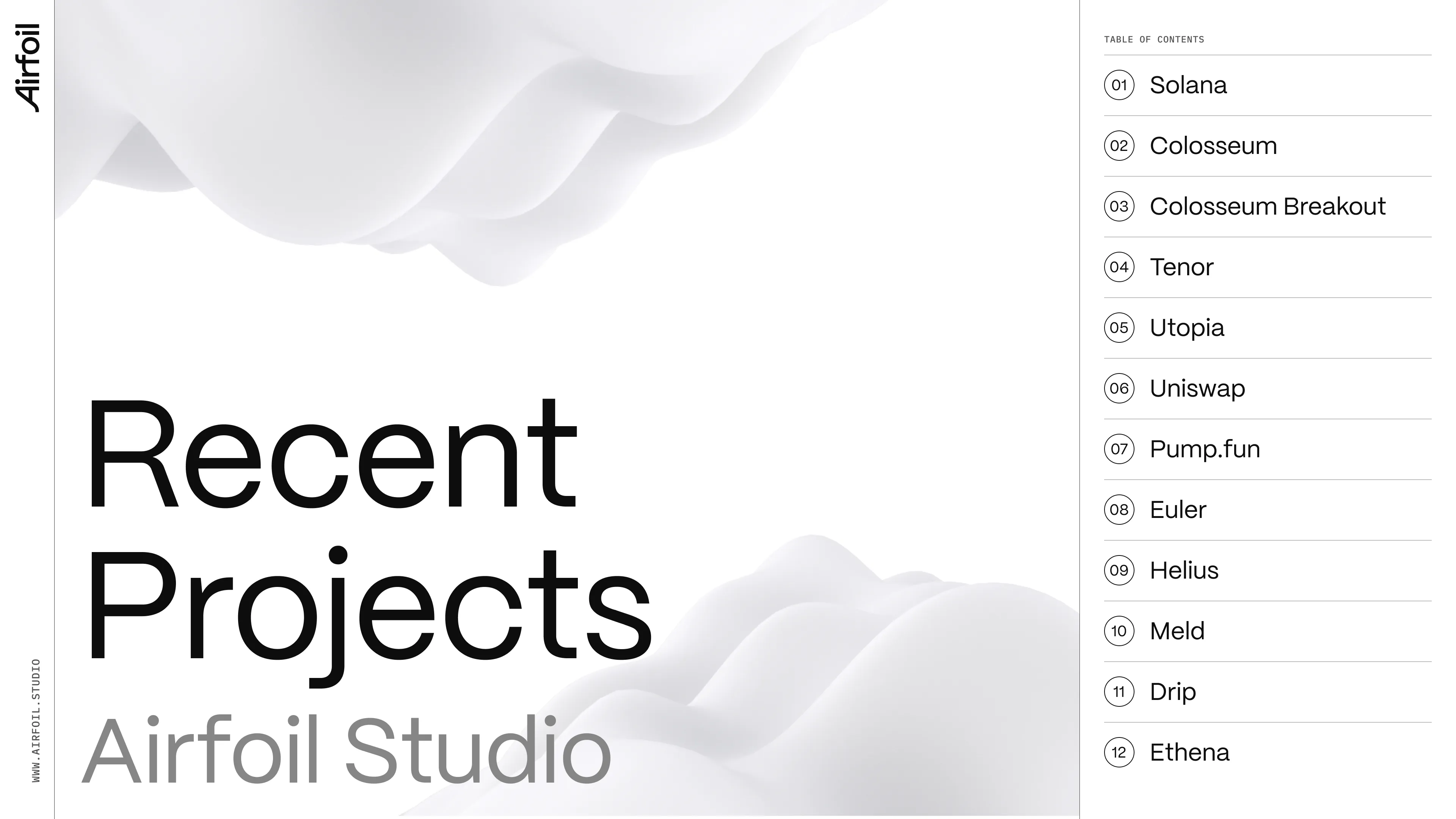 Cover slide with table of contents listing Web3 client projects for Airfoil Studio deck.