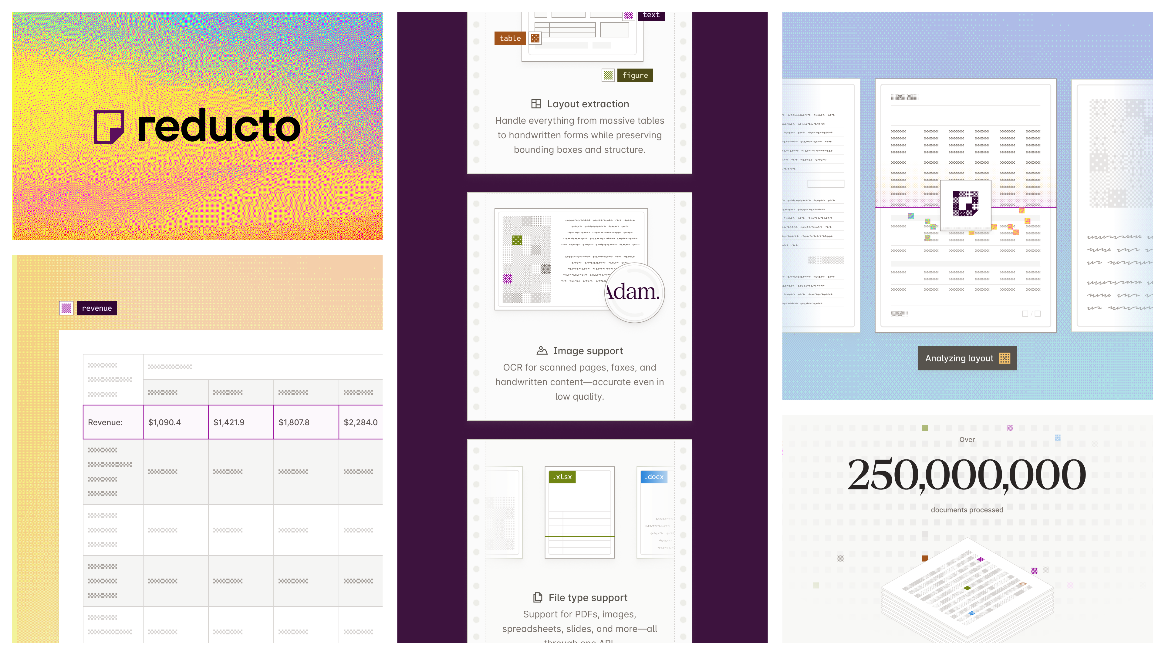 Reducto product collage showing document extraction, layout analysis, and 250 million documents processed.