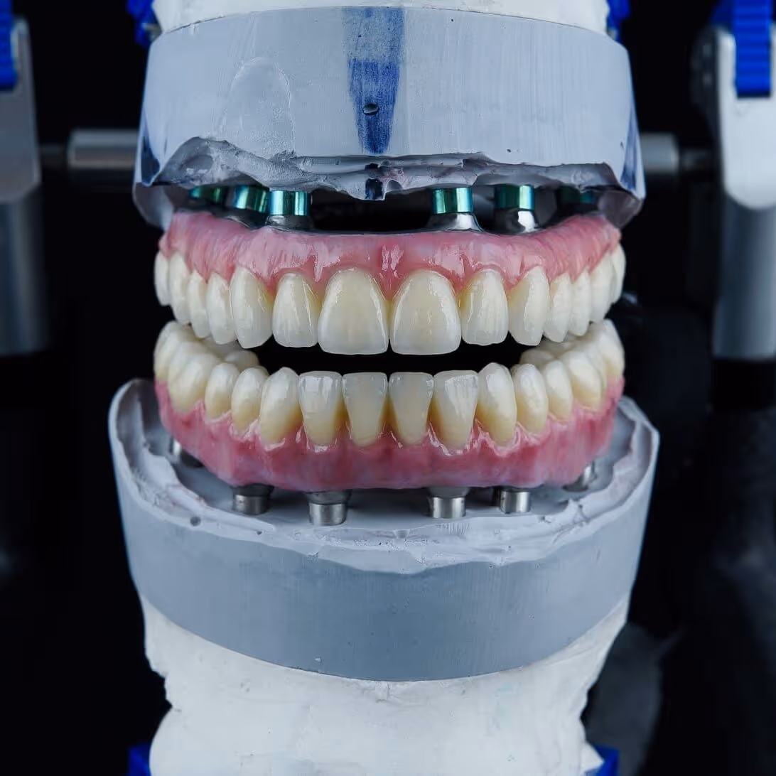 Diagram of 3-on-6 dental implants restoration with three segmented zirconia bridges