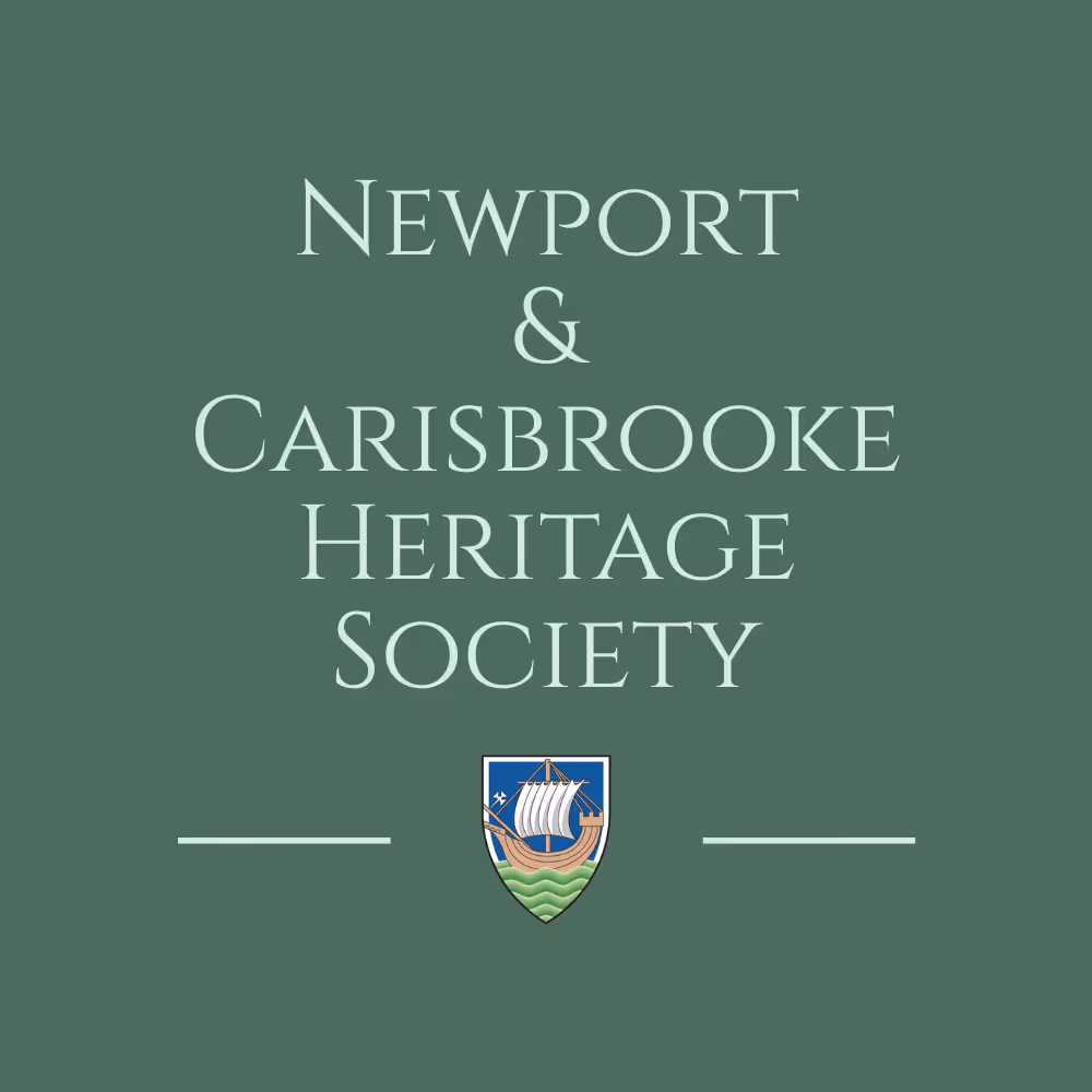 Newport & Carisbrooke Heritage Society text with a small shield emblem featuring a sailing ship on blue and green waves.