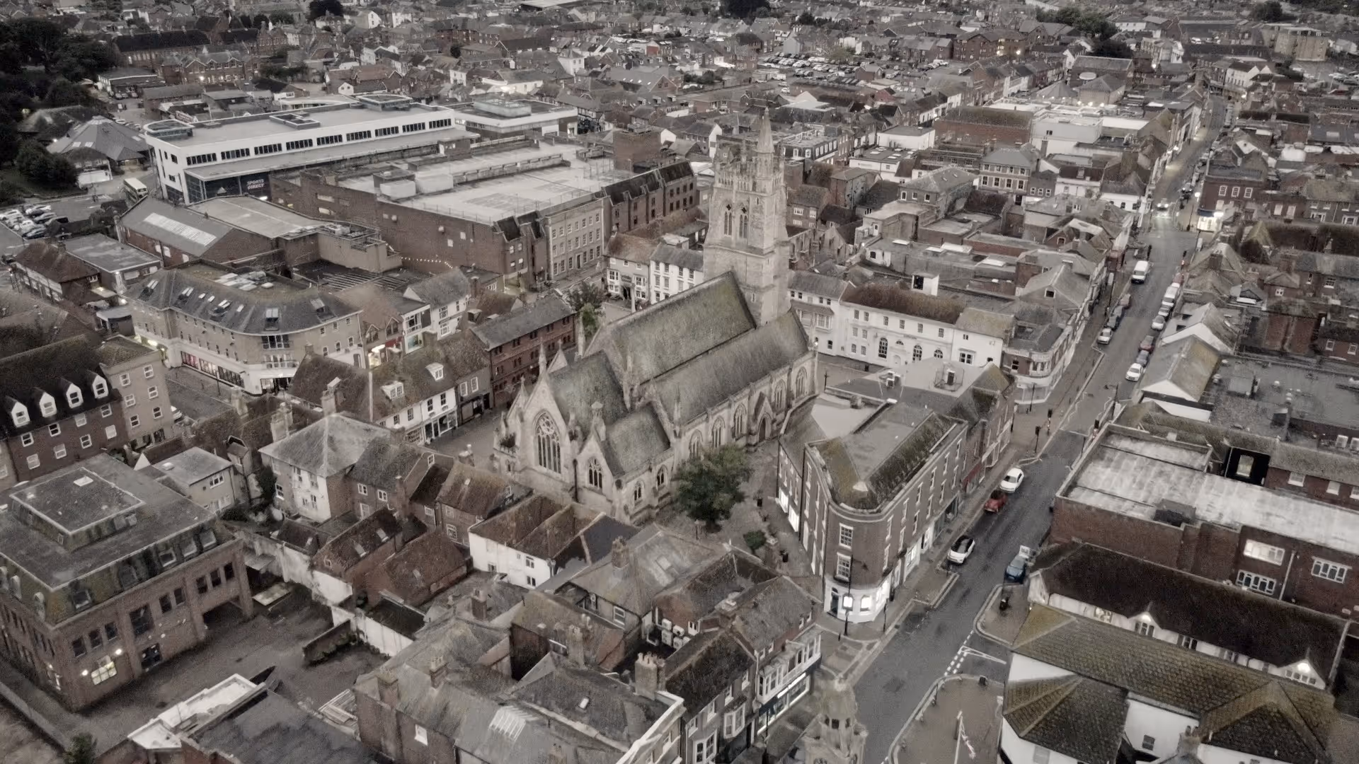 A film of a drone flying over Newport on the Isle of Wight.