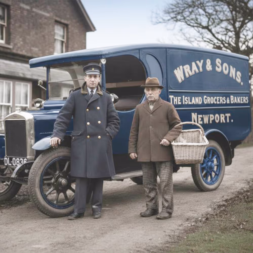A recoloured black and white photo of two men stood in front of a Victorian grocery van.