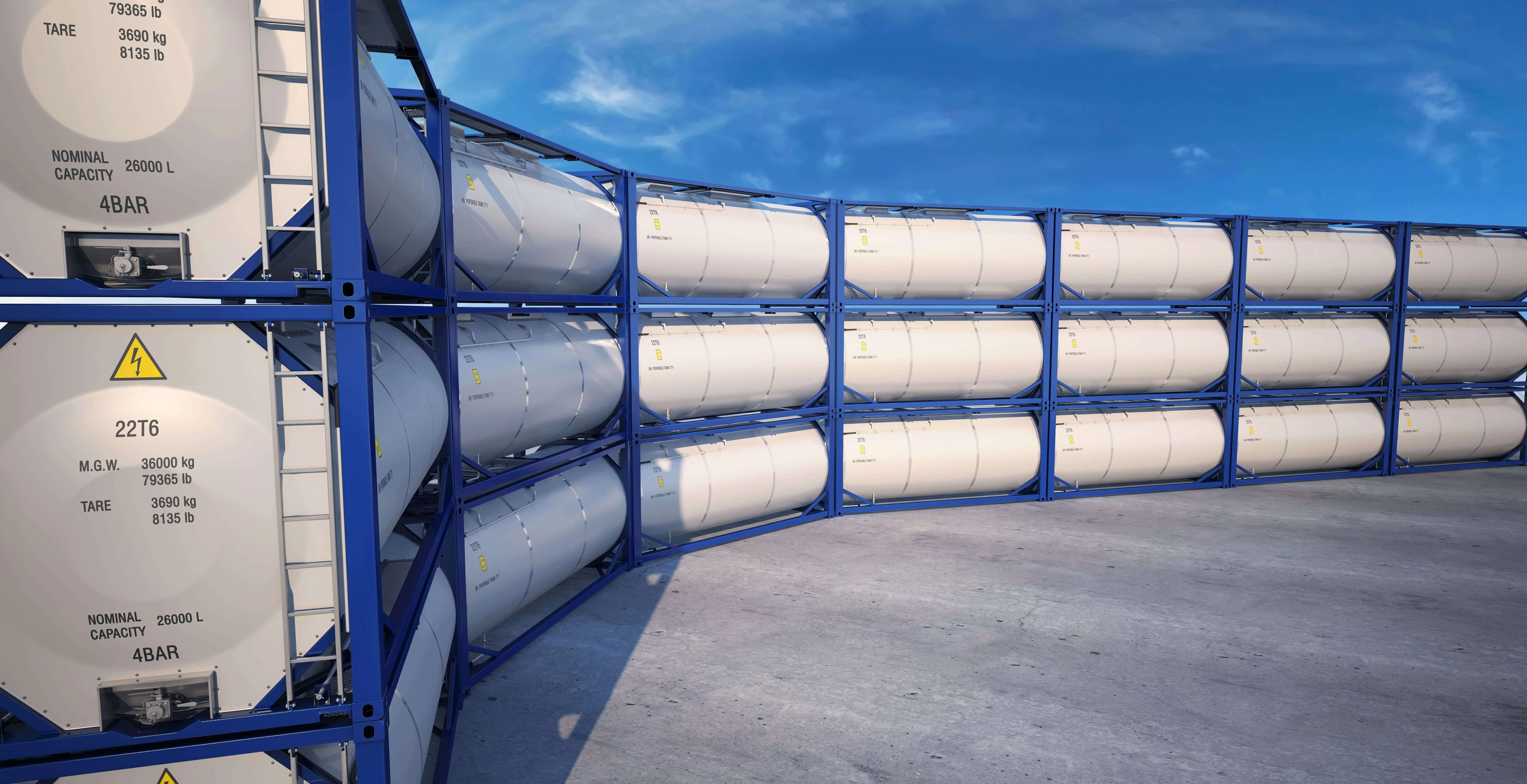ISO tank containers stacked at an intermodal yard