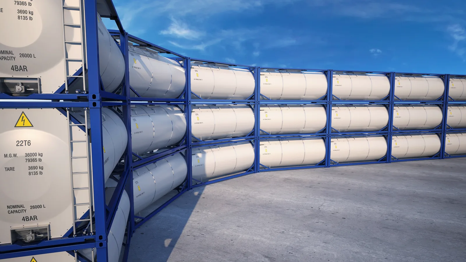 ISO tank containers stacked in frames at a tank container depot