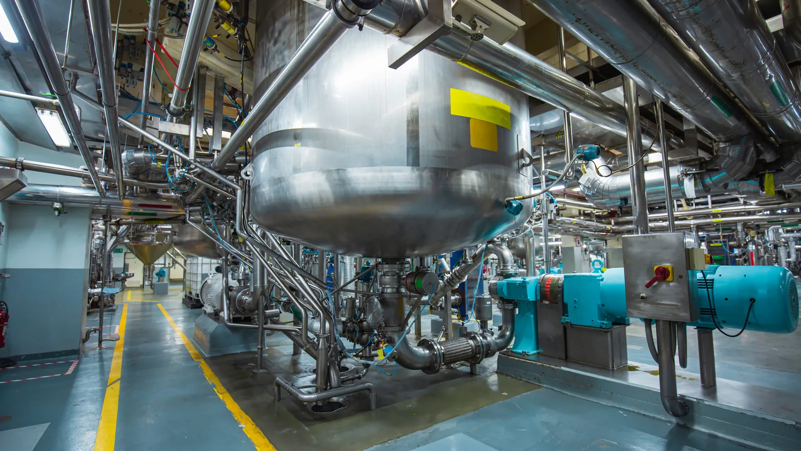 Stainless steel process vessels and piping inside a chemical plant