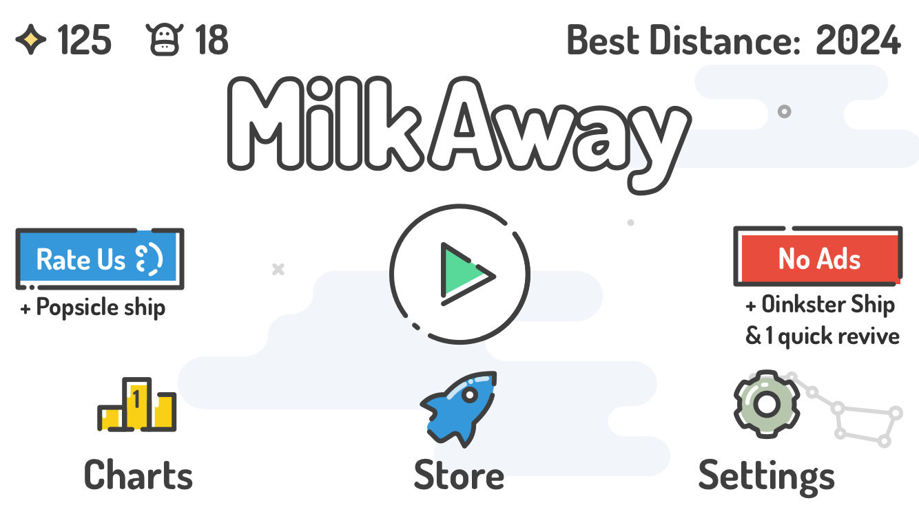 Game screen for MilkAway showing score of 125, 18 cows, best distance 2024, with buttons for Rate Us, No Ads, Charts, Store, and Settings around a central play button.