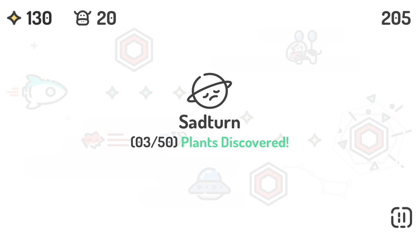 Game screen showing 130 stars, 20 alien icons, score 205, and a sad Saturn face with text 'Sadturn (03/50) Plants Discovered!'