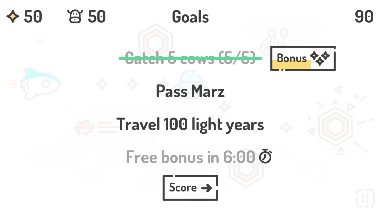 Game goals screen showing 50 stars, 50 cows, total score 90, completed goal to catch 5 cows, pending goals to pass Marz and travel 100 light years, and free bonus available in 6 minutes.