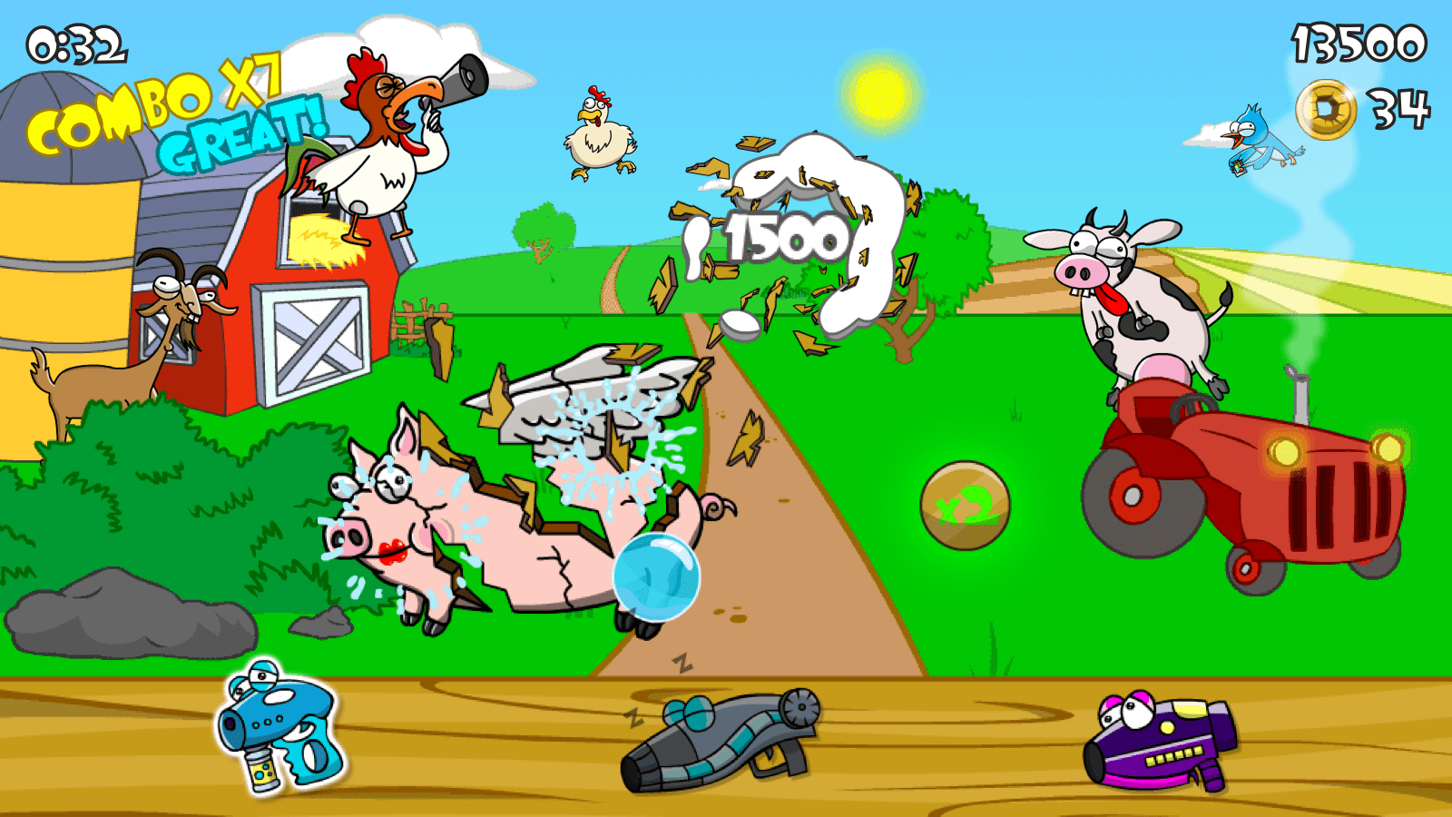Cartoon farm scene video game with animated animals including a goat, chickens, pig, and cow on a tractor, with score and combo indicators.