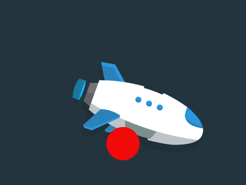 Animated white and blue spaceship flying in a dark space background with a red circle appearing underneath.