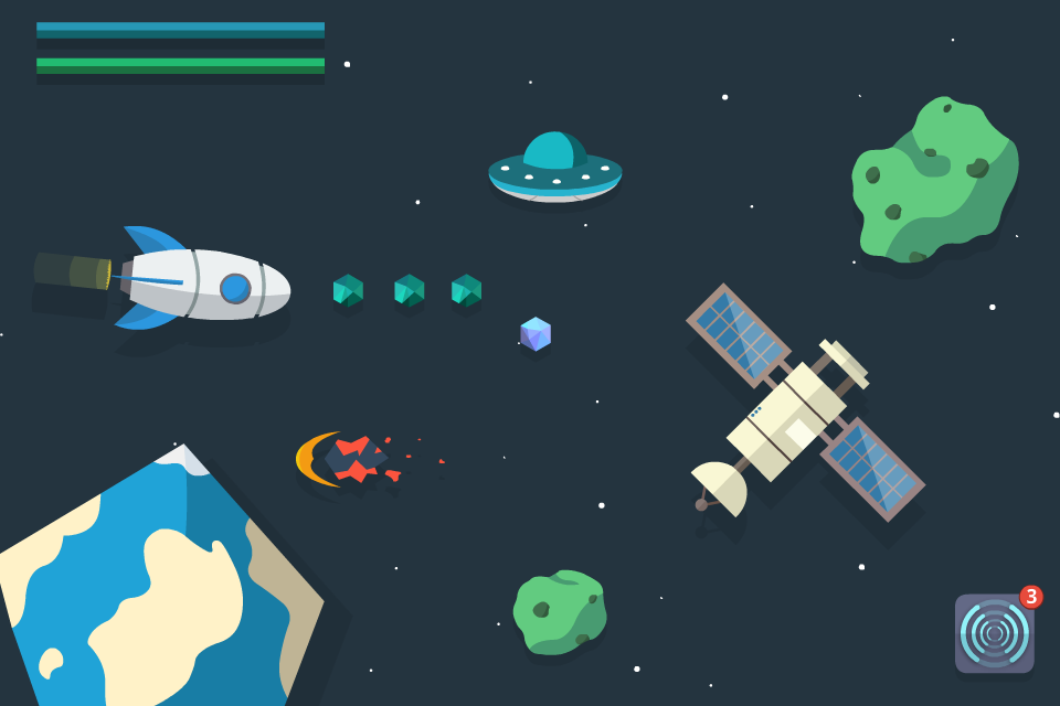 Cartoon space scene with a spaceship, UFO, satellite, asteroids, Earth, and crystals against a starry background.