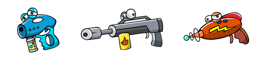 Three cartoon-style ray guns with eyes: a blue one with buttons, a gray one with a flame label, and an orange one with a lightning bolt design.