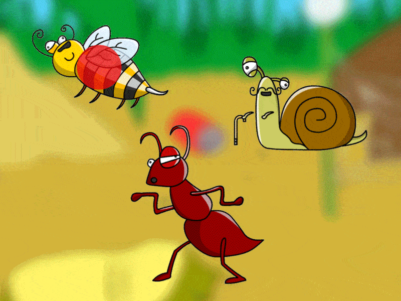 Animated bee, ant, and old snail with cane on a blurred natural background.