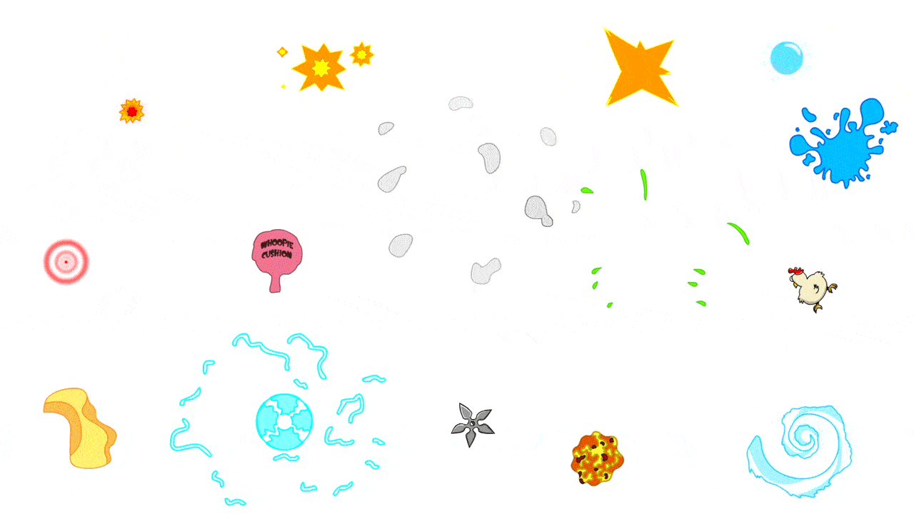 Animated grid of 16 different colorful cartoon-style weapon effect icons including explosions, splashes, shurikens, leaves, and a whoopee cushion.