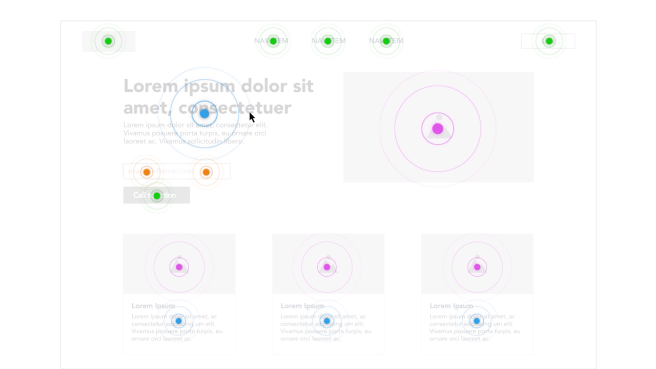 Website layout design with colored circular sound wave icons in green, blue, orange, and purple around text blocks.