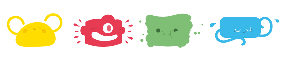 Four colorful, smiling cartoon creatures: a yellow one with ear-like loops, a red one-eyed creature, a green rectangular one with small spots, and a blue cup-shaped creature with arms.