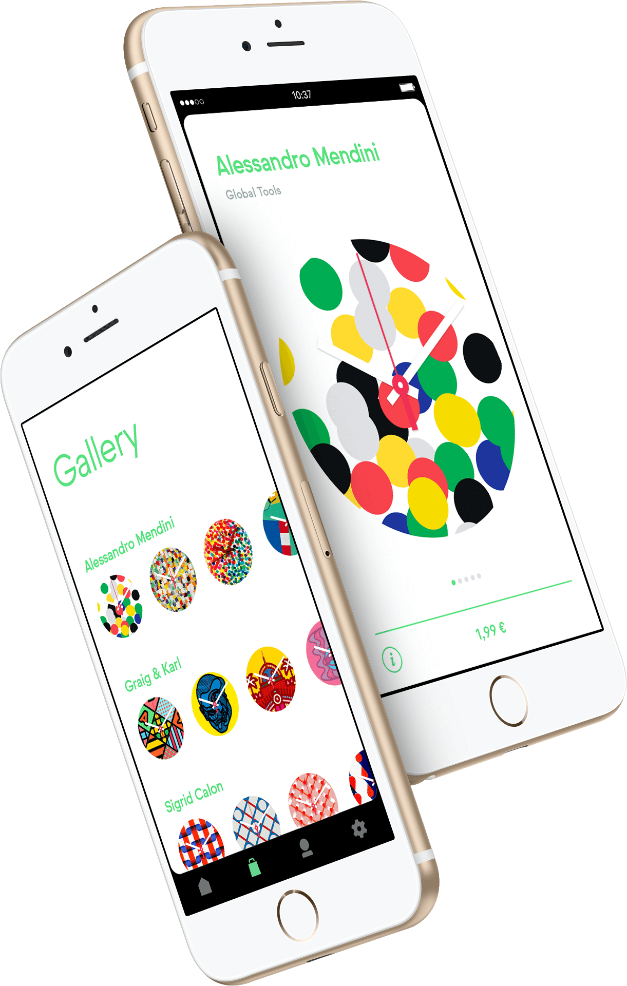 Two gold iPhones displaying a colorful watch face app, showing a gallery of artistic watch designs and details of a selected design by Alessandro Mendini.