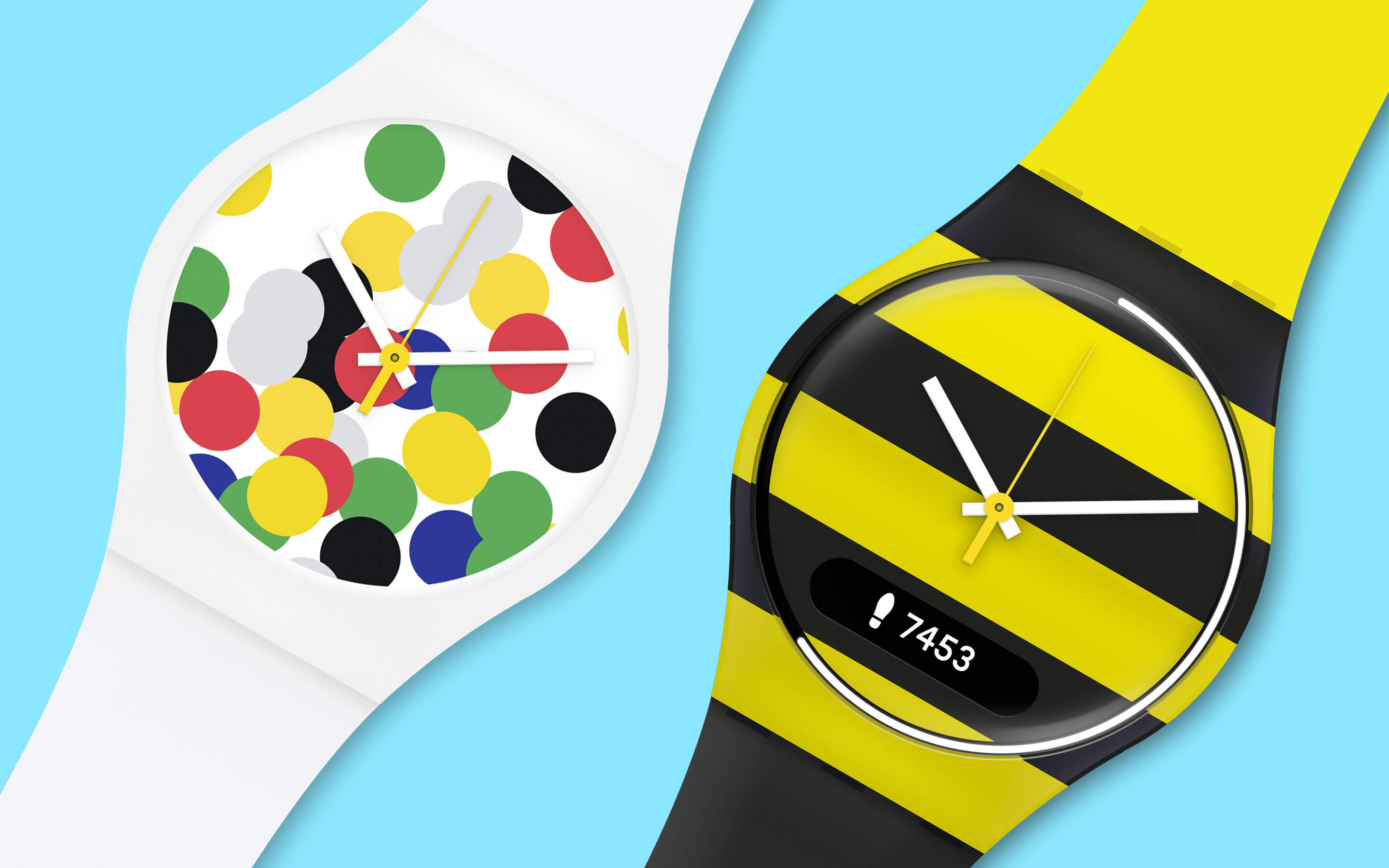 Two wristwatches side by side, one with white strap and multicolored polka dot face, the other with black and yellow striped strap and step count display showing 7453 steps.