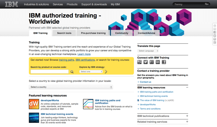 IBM authorized worldwide training webpage with navigation tabs, search tools for training courses, country selection dropdown, and links to learning resources like developerWorks and IBM training paths.