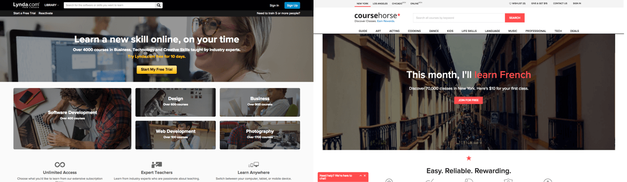 Comparison of two online learning platforms' homepages: Lynda.com offers 4000+ courses with a free 10-day trial, and CourseHorse promotes local classes in New York including a French course with $10 for the first class.