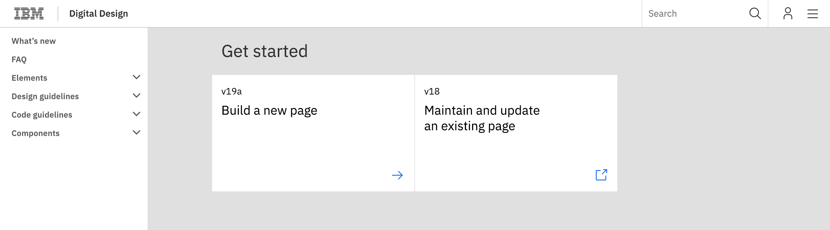 IBM Digital Design page with navigation menu and Get started section showing options to build a new page or maintain and update an existing page.