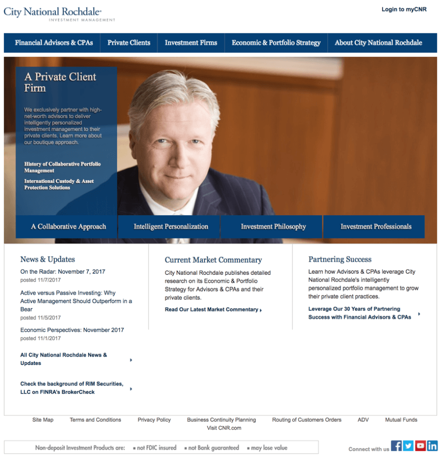City National Rochdale website homepage featuring a middle-aged man in a suit, navigation bar with sections for Financial Advisors, Private Clients, Investment Firms, Economic & Portfolio Strategy, and About City National Rochdale, with news, market commentary, and partnering success highlights.
