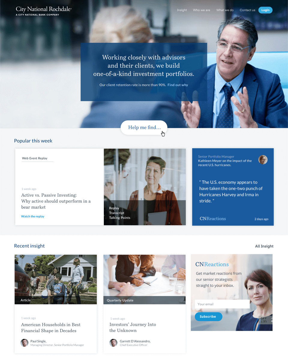 City National Rochdale webpage showing a man in a suit speaking with a blurred woman, headlines about investing, recent insights, and subscriptions.