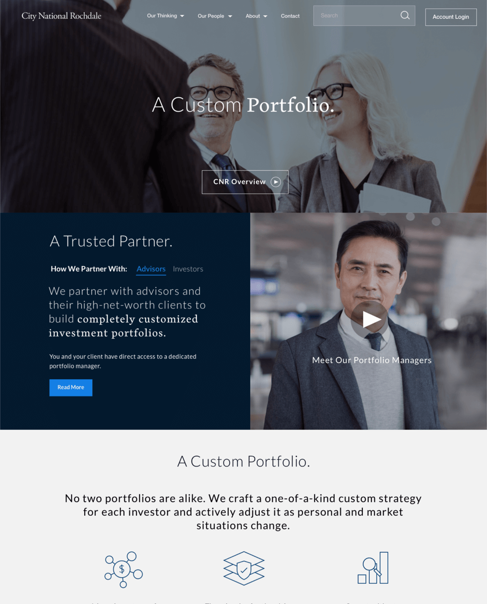 City National Rochdale website homepage showing business professionals, menu options, a video thumbnail inviting to meet portfolio managers, and text about customized investment portfolios.