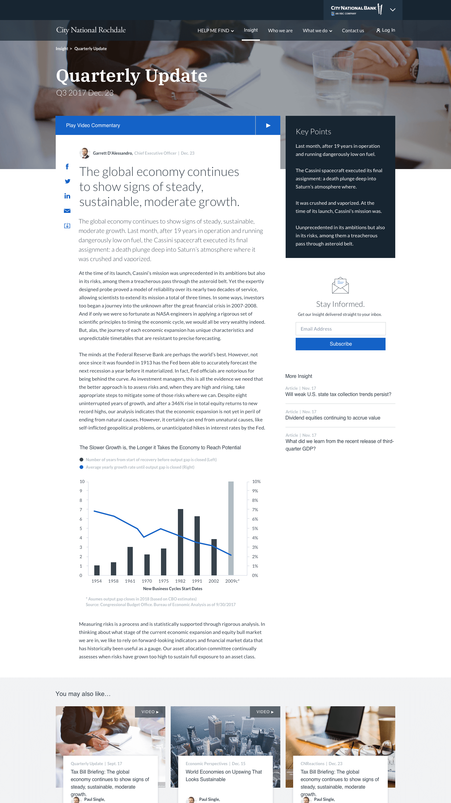 City National Rochdale Quarterly Update webpage dated Q3 2017 Dec. 23, featuring economic commentary by Garrett D'Alessandro, key points about Cassini spacecraft's mission, a chart on business cycles and economic growth, and subscription option for insights.