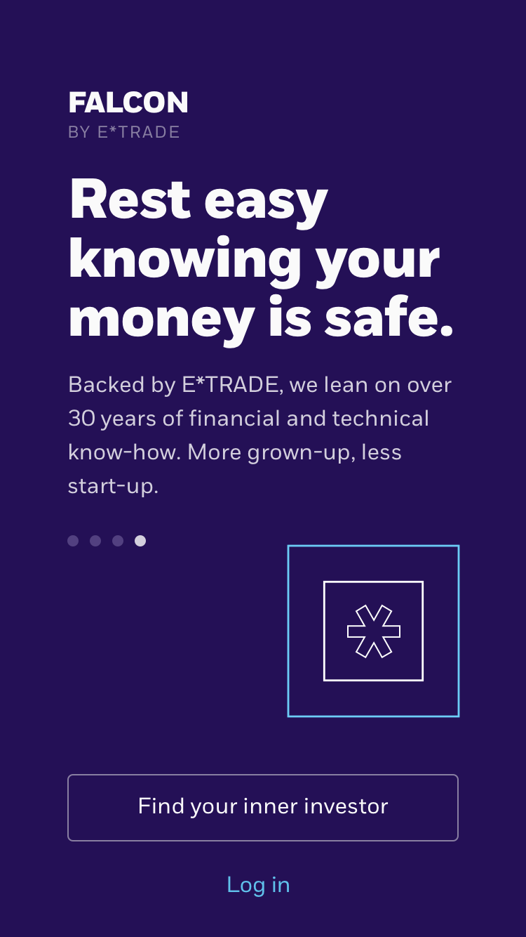 FALCON by E*TRADE with text encouraging users to rest easy knowing their money is safe, highlighting over 30 years of financial and technical experience, plus buttons for 'Find your inner investor' and 'Log in'.