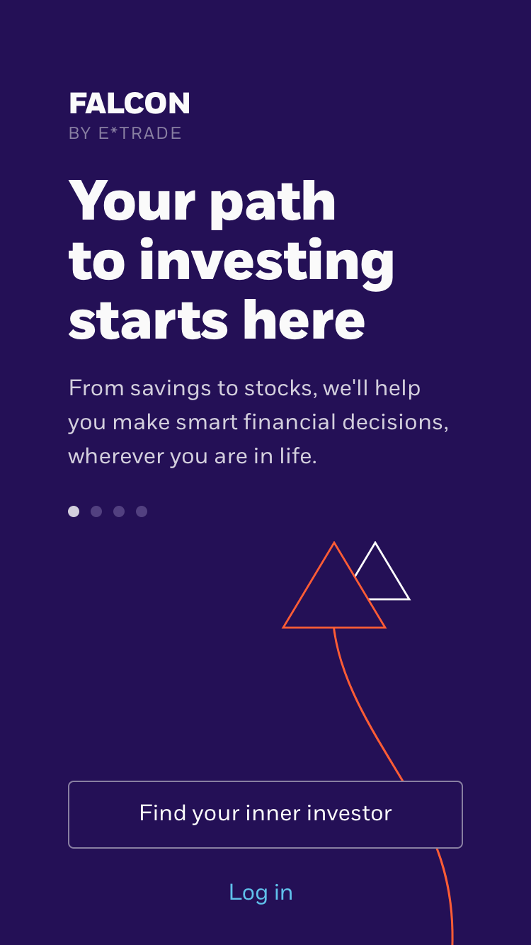 Falcon by E*TRADE advertisement with the text 'Your path to investing starts here' and a button labeled 'Find your inner investor' on a dark purple background.