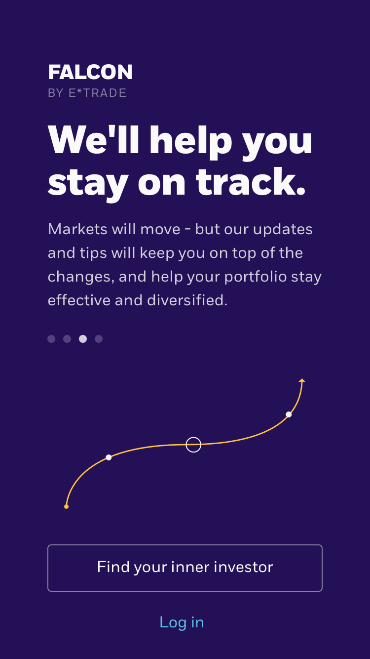 Promo for Falcon by E*TRADE offering updates and tips to help investors keep portfolios effective and diversified with a Find your inner investor button.