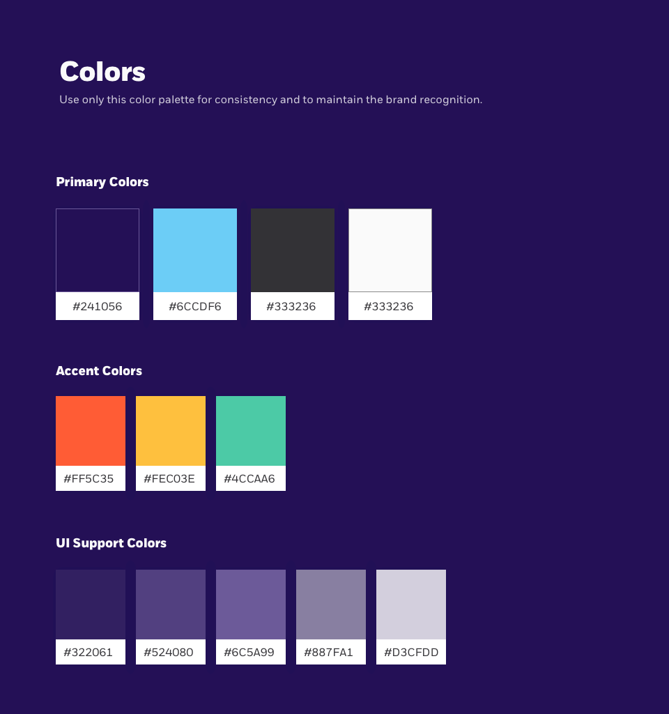 Brand color palette divided into primary colors including dark purple (#241056), sky blue (#6CCDF6), dark gray (#333236), white (#FFFFFF); accent colors in orange (#FF5C35), yellow (#FEC03E), teal (#4CCAA6); and UI support colors ranging from dark purple (#322061) to light gray (#D3CFDD).