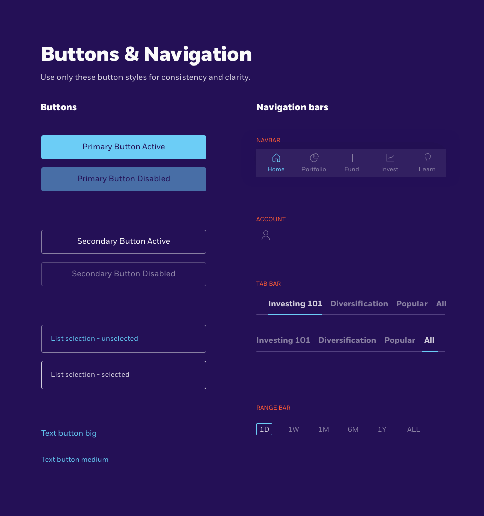 User interface design examples of buttons and navigation bars including active and disabled primary and secondary buttons, list selection states, text buttons, navbar with icons and labels, account icon, tab bars with categories, and a range bar for time selection.