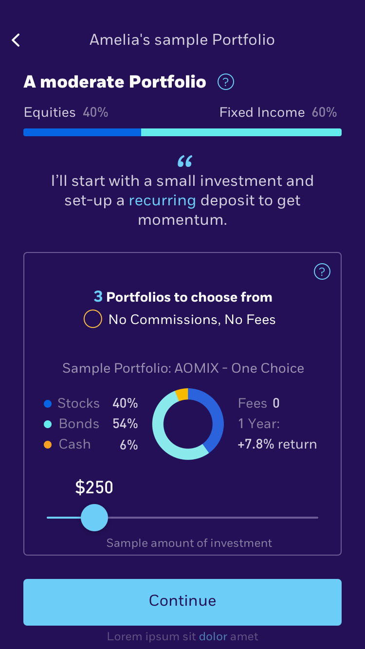Investment portfolio app screen showing a moderate portfolio with 40% equities, 60% fixed income, and a sample investment of $250 with a 7.8% return.