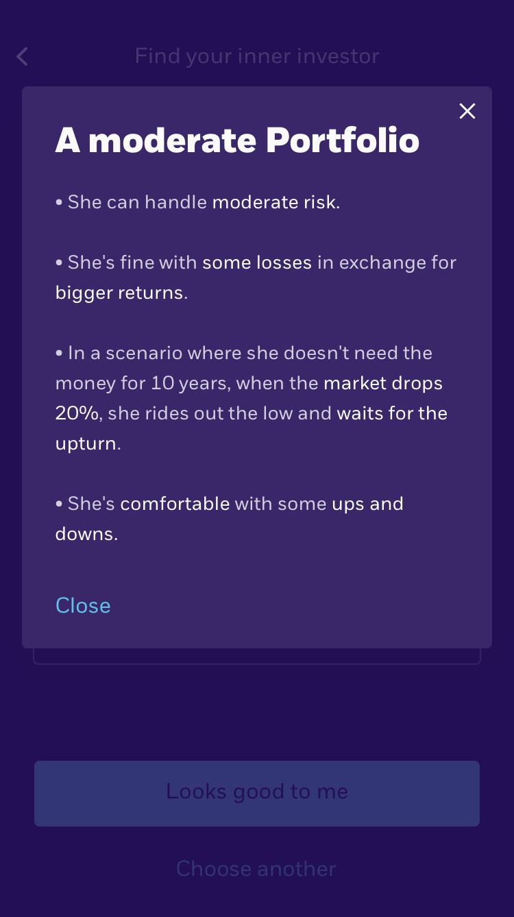 Popup titled 'A moderate Portfolio' listing an investment profile describing handling moderate risk, accepting some losses for bigger returns, waiting out market lows during a 20% drop over 10 years, and comfort with ups and downs.