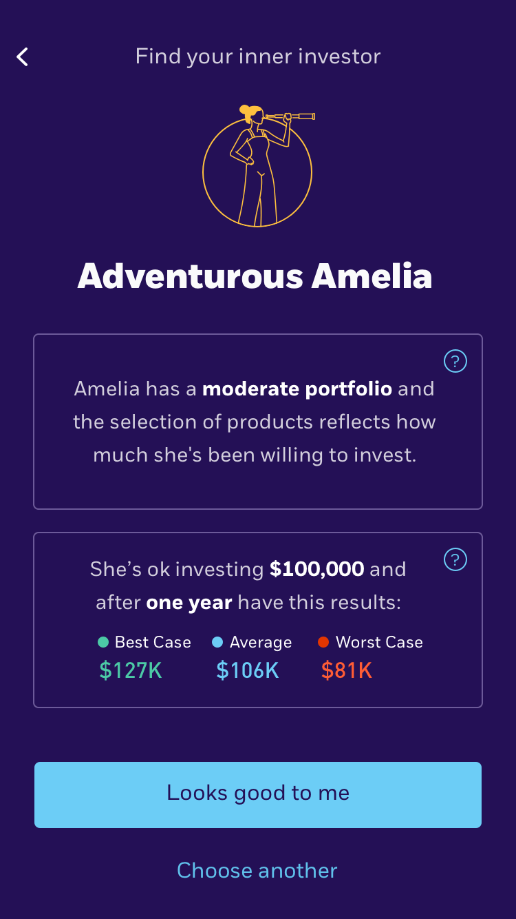 Investment profile for Adventurous Amelia showing a moderate portfolio with $100,000 investment and projected one-year returns: $127K best case, $106K average, $81K worst case.