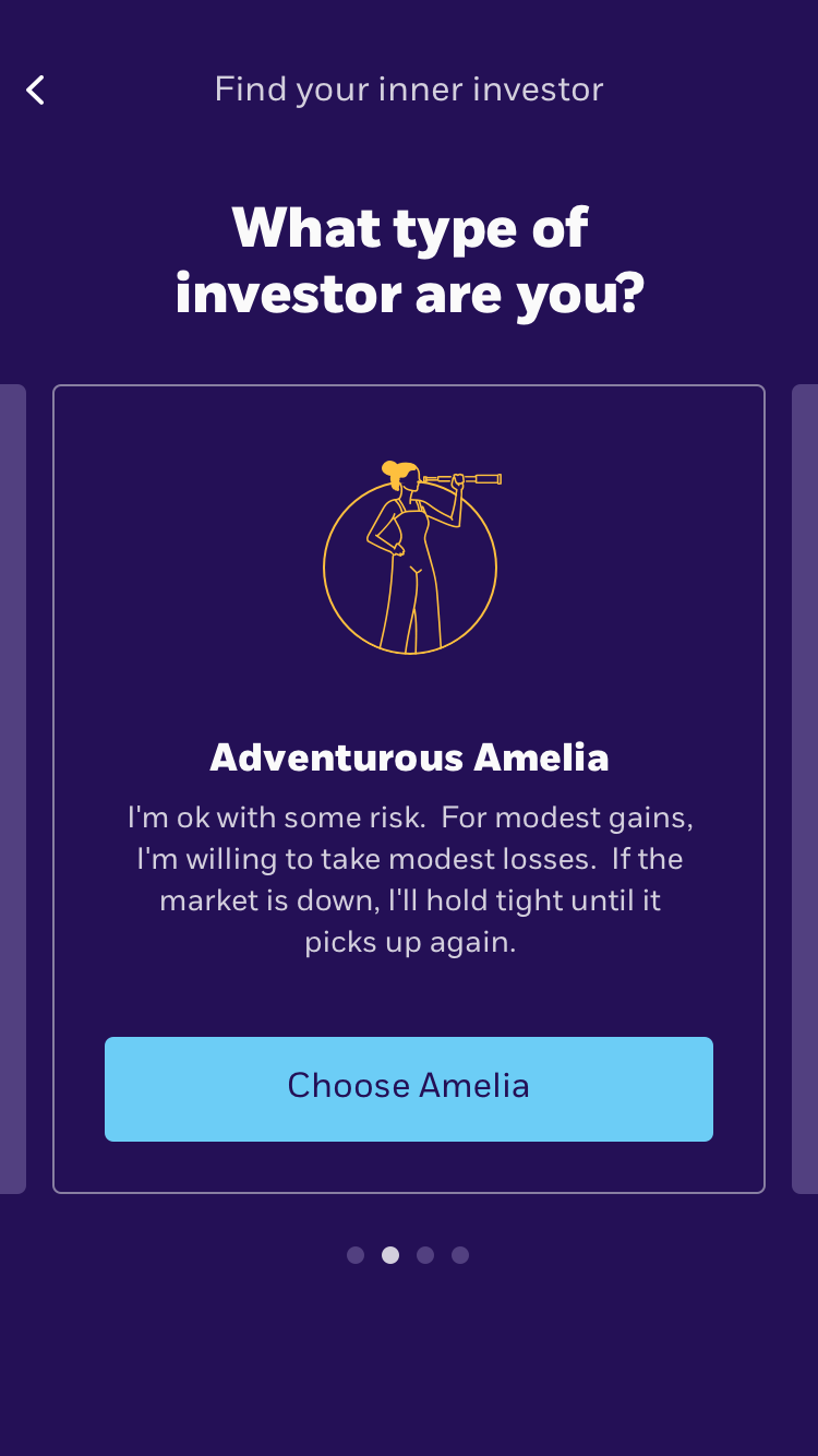 App interface asking 'What type of investor are you?' with an option named Adventurous Amelia describing willingness to take modest risks and losses and to hold investments until the market recovers.