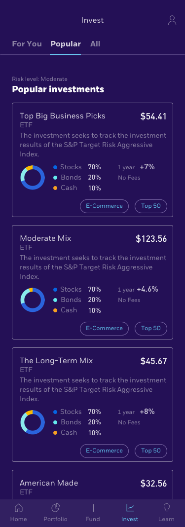 Mobile app screen showing Popular Investments with four ETFs, each listing stocks, bonds, cash percentages, fees, one-year returns, and categories like E-Commerce and Top 50.
