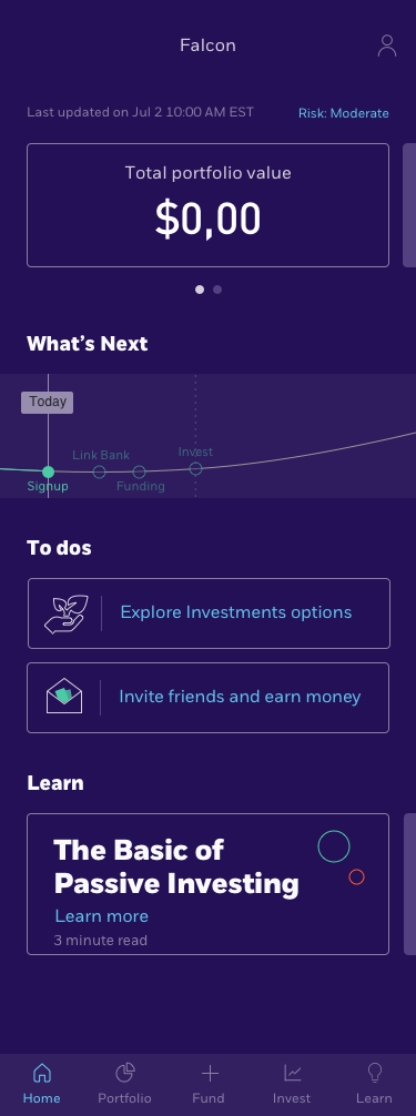 Mobile app screen showing Falcon portfolio with total value $0.00, risk moderate, timeline with signup today, to dos including explore investments options and invite friends, and a learn section titled The Basic of Passive Investing with a 3-minute read.