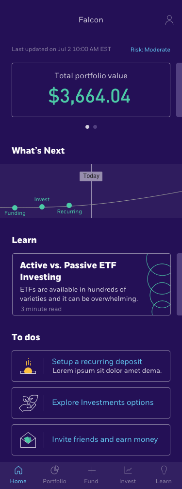 Financial app dashboard showing total portfolio value of $3,664.04, moderate risk, next steps timeline, a learning section about active vs passive ETF investing, and to-do items including setup a recurring deposit, explore investments options, and invite friends and earn money.