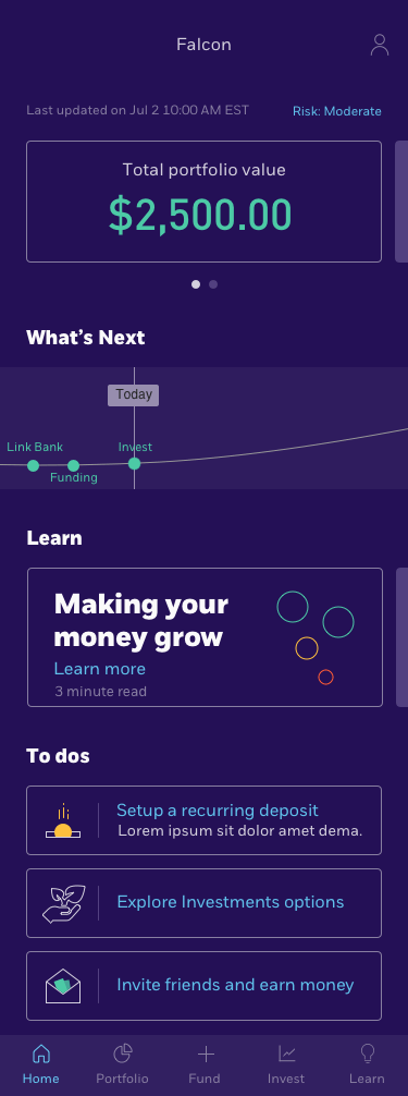 Mobile app screen showing portfolio summary with $2,500 total value, a risk level of moderate, upcoming steps including funding and investing, a learning section titled 'Making your money grow', and to-do options like setting up recurring deposits, exploring investment options, and inviting friends to earn money. Navigation bar includes Home, Portfolio, Fund, Invest, and Learn icons.