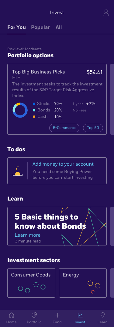 Investment app screen showing moderate risk portfolio with Top Big Business Picks ETF valued at $54.41, holding 70% stocks, 20% bonds, and 10% cash, plus to-do reminder to add money, a learning section on bonds, and investment sectors Consumer Goods and Energy.