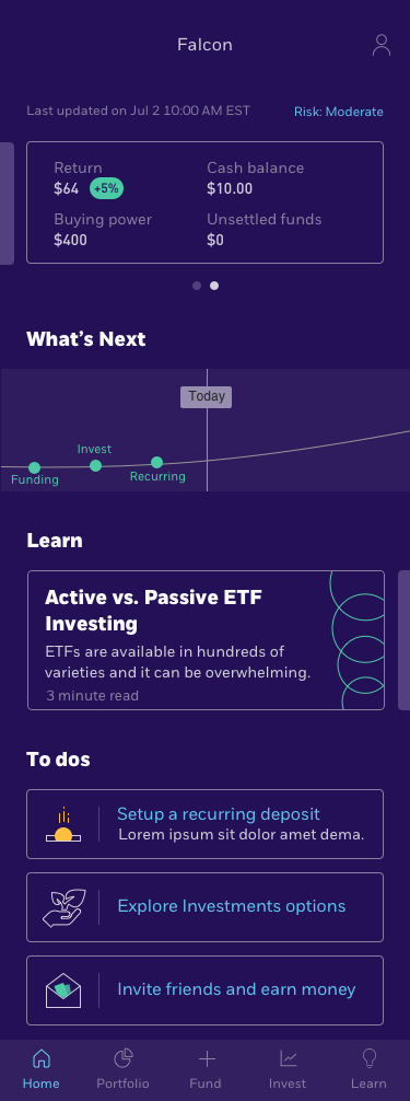Mobile app dashboard showing investment summary with return, cash balance, buying power, and unsettled funds; a timeline for Funding, Invest, and Recurring; a Learn section with ETF investing article; and To dos including setup deposit, explore options, and invite friends.