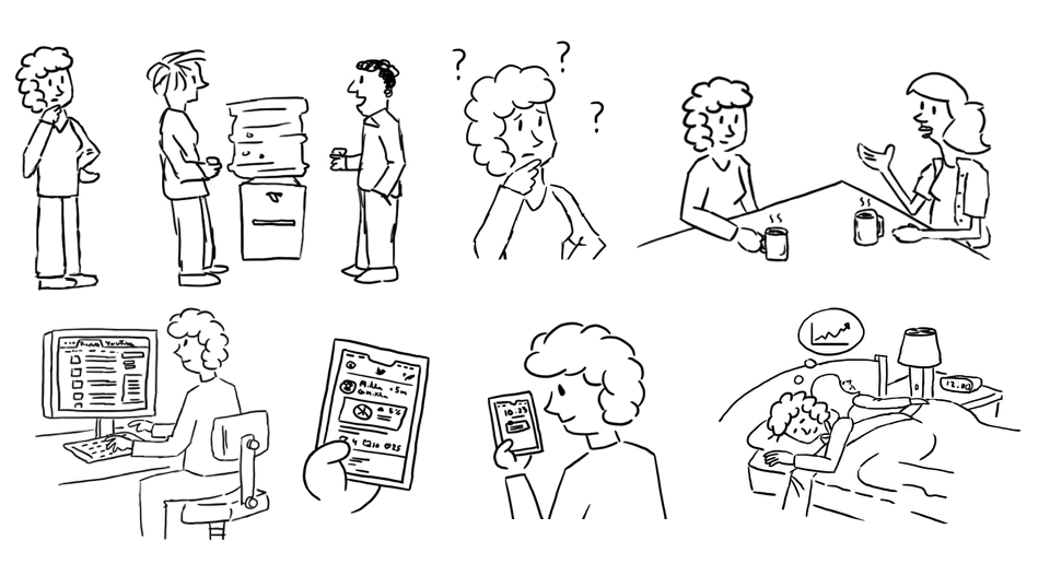 Black and white illustration series showing various people in discussion, thinking, working on a computer, checking smartphone notifications, and sleeping in bed with a thought bubble displaying a rising graph.
