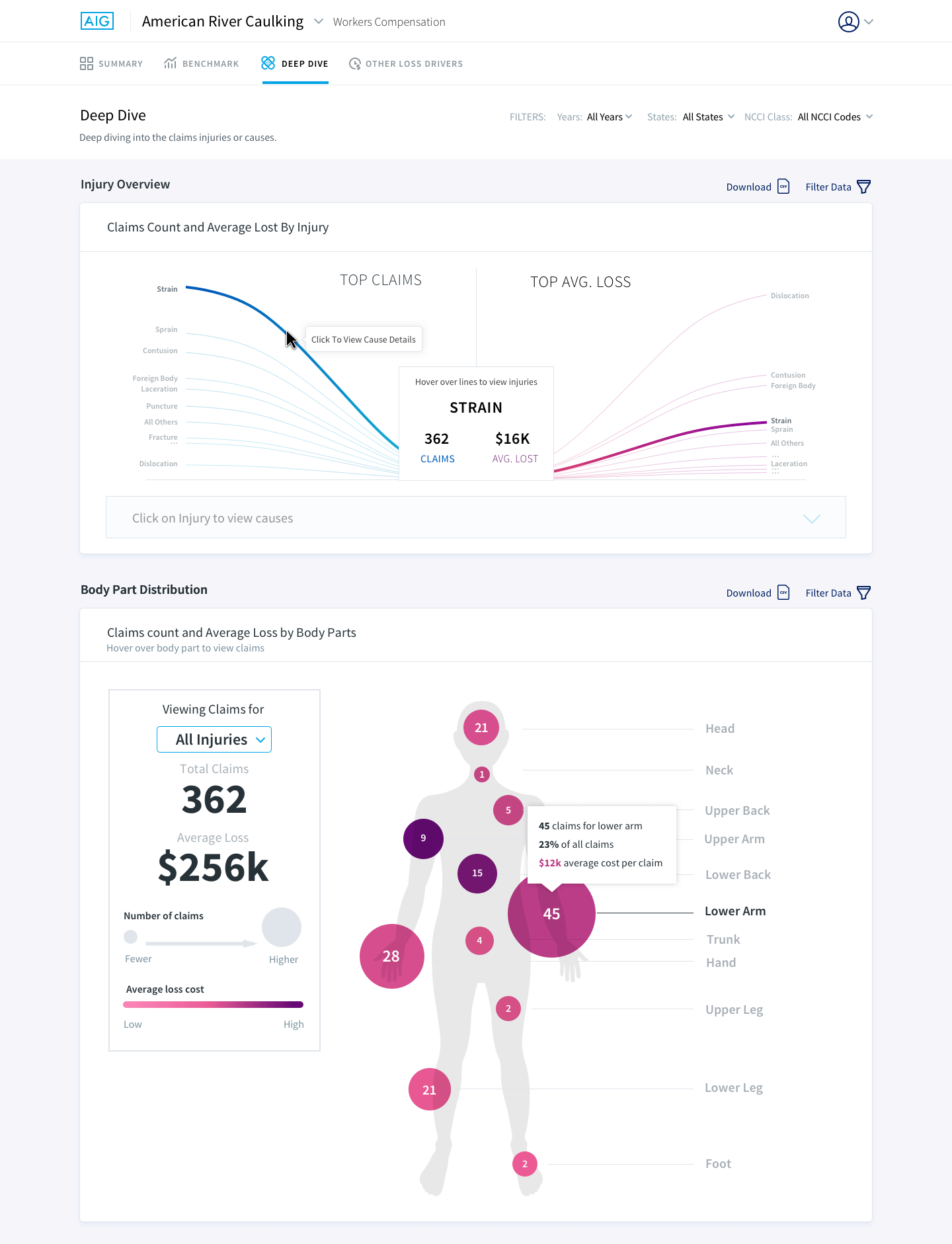 Dashboard showing injury overview with top injury claims and average loss for strains; body part distribution highlights total 362 claims and $256k average loss, with largest claims for lower arm, left hand, right upper arm, chest, and left foot.