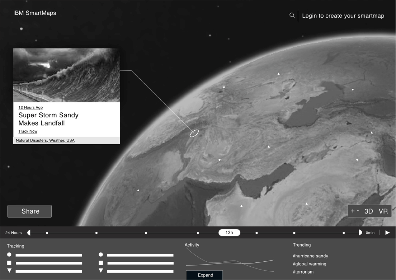 IBM SmartMaps interface showing a globe with tracked locations, featuring news of Super Storm Sandy landfall 12 hours ago with options for 3D and VR views.